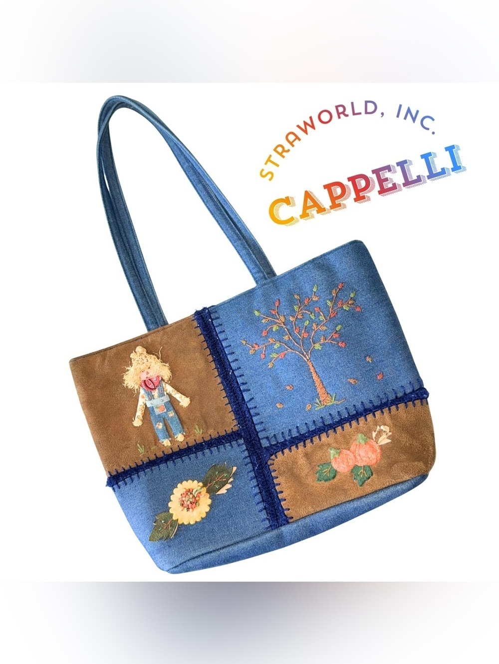 Cappelli Straworld Denim & Faux Suede Patchwork Tote Bag with Fall Embroidery